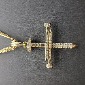 22" Gold Tone Curb Cuban Link Necklace Nail Cross Bling Pendant 73
